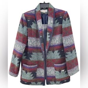Julia Klein Aztec Print Blue Multi Blazer Women’s M Cotton Blend Shoulder Pads